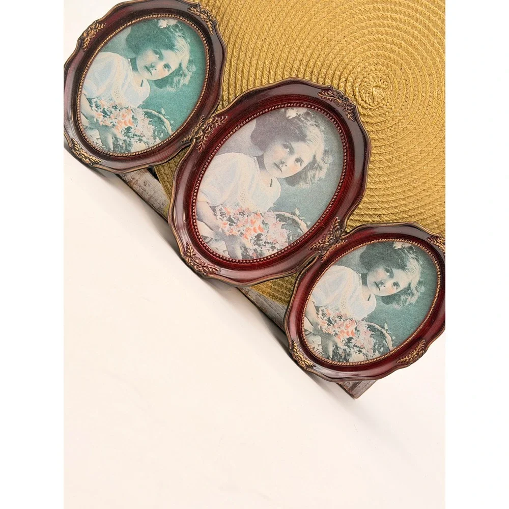 Vintage Victorian Style Oval Picture Frame Set 3 Burgundy Gold Ornate Portrait